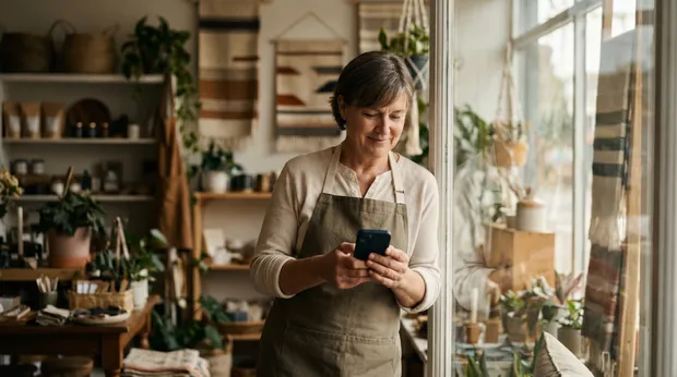Inhaber eines lokalen Geschäfts mit Smartphone im eigenen Laden