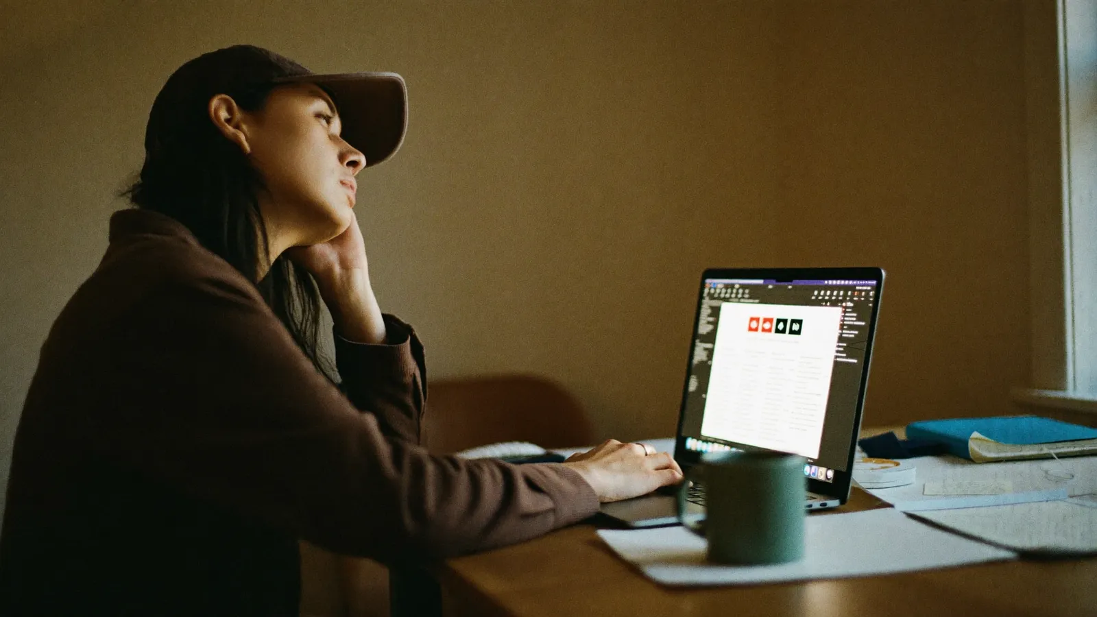 Freiberuflerin sitzt abends nachdenklich am Laptop in ihrem warm beleuchteten Arbeitszimmer