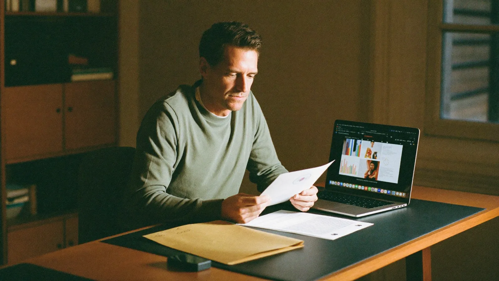 Unternehmer sichtet ruhig ein Dokument neben dem Laptop am Schreibtisch