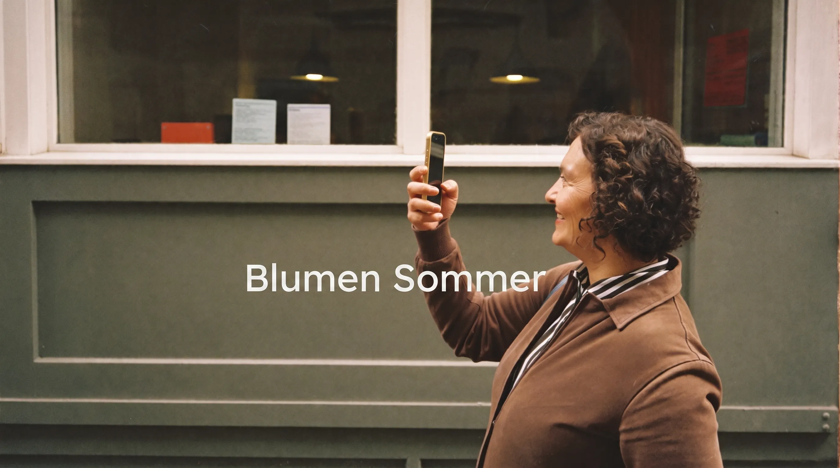 Geschäftsinhaberin fotografiert mit dem Smartphone ihre Ladenfront