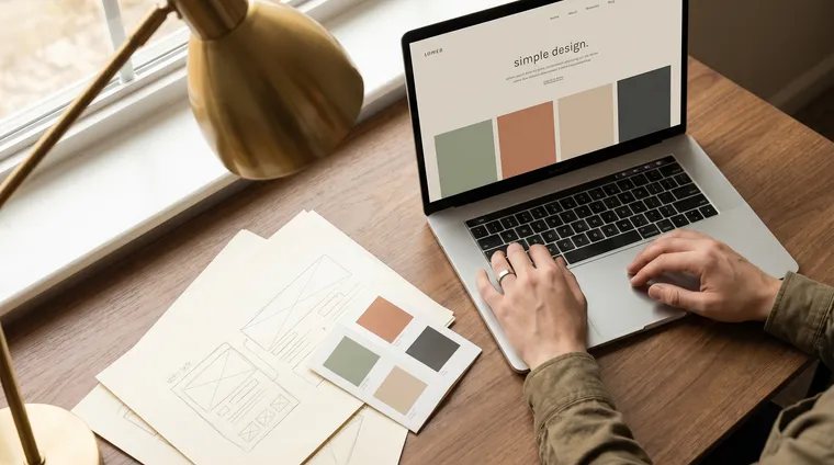 Arbeitsplatz eines Webdesigners mit Laptop, Skizzen und Farbmustern