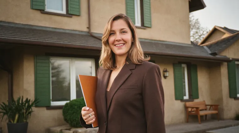 Selbstbewusste Immobilienmaklerin steht vor einem schönen Wohnhaus