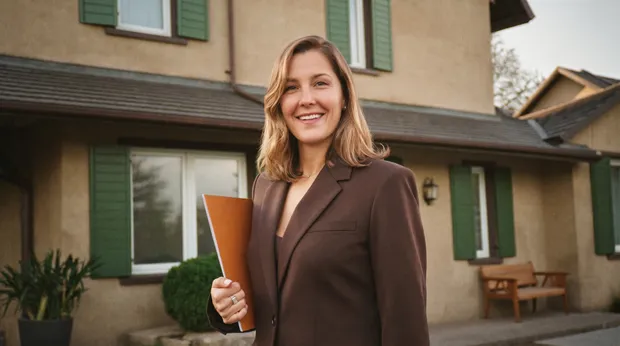 Selbstbewusste Immobilienmaklerin steht vor einem schönen Wohnhaus