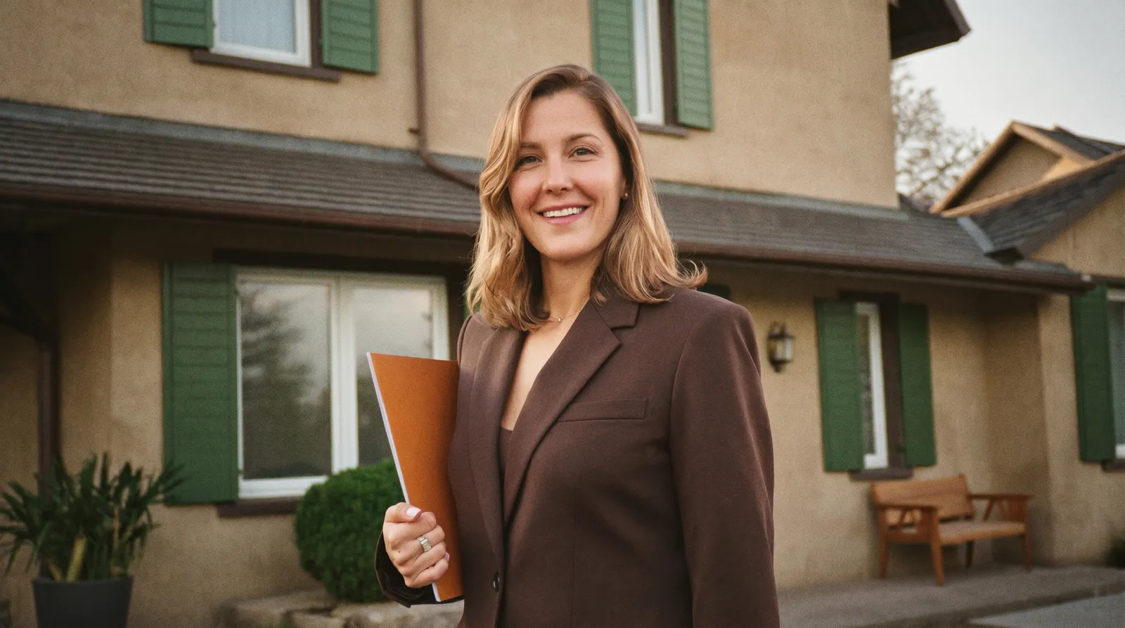 Selbstbewusste Immobilienmaklerin steht vor einem schönen Wohnhaus