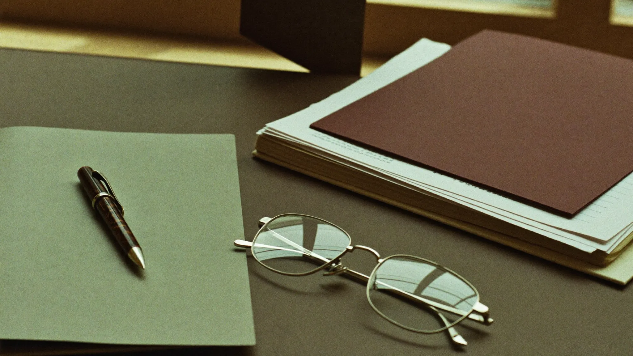 Aufgeräumter Schreibtisch mit Unterlagen, Füllfederhalter und Lesebrille