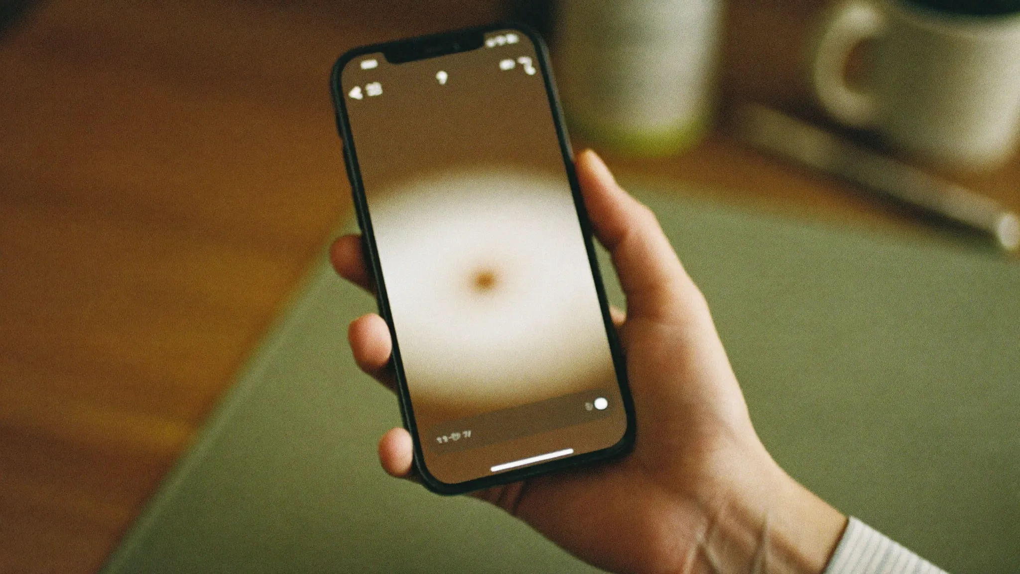 Hand hält ein Smartphone mit einem weichen, leuchtenden Lichtpunkt als Symbol für einen KI-Assistenten
