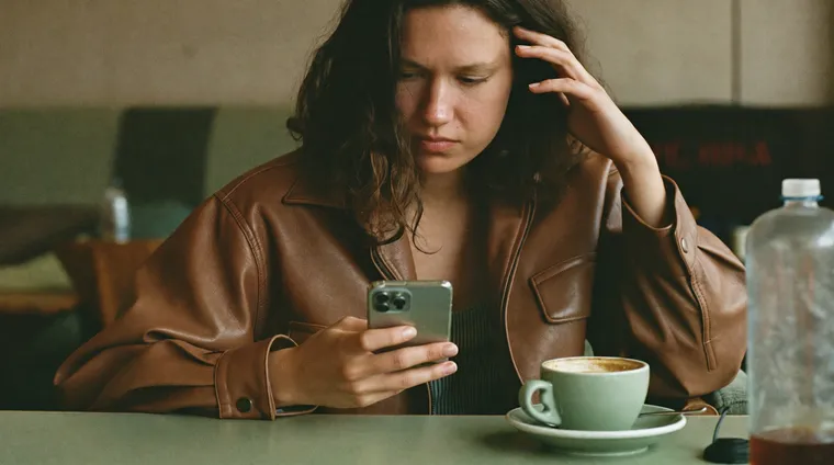 Person sitzt im Café und schaut wartend auf ihr Smartphone, der Kaffee wird kalt