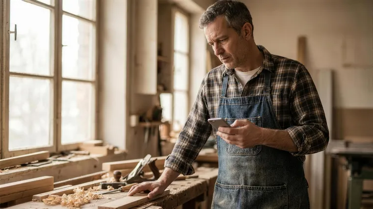Tischler hält in seiner Werkstatt nachdenklich sein Smartphone in der Hand