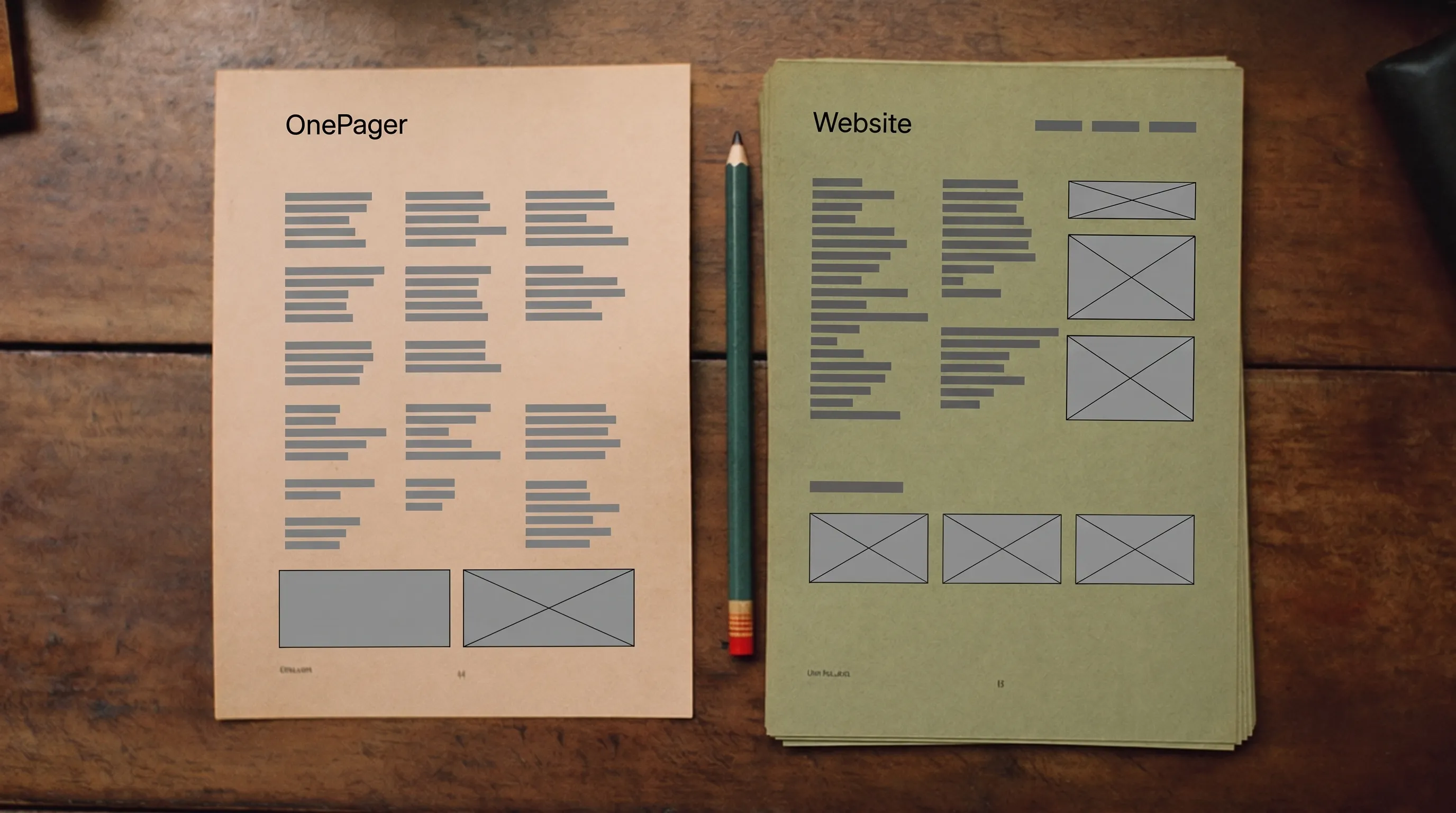 Aufsicht auf zwei Papier-Skizzen, links eine lange Seite, rechts mehrere kleine Seitenkästen