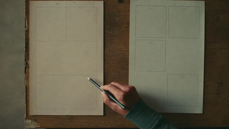 Aufsicht auf zwei Papier-Skizzen, eine lange Einzelseite und mehrere kleine Seitenkästen