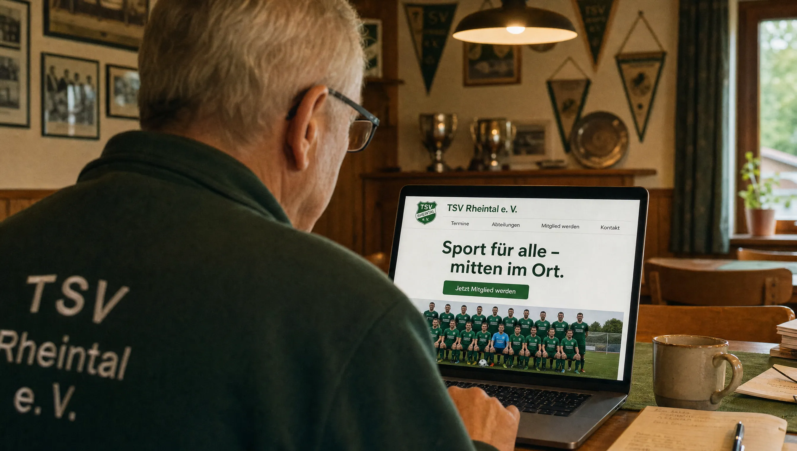 Hände ordnen Veranstaltungsflyer und einen Kalender auf einem Tisch im Vereinsraum