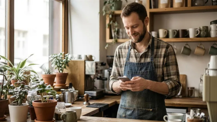Café-Inhaber schaut hinter dem Tresen lächelnd auf sein Smartphone