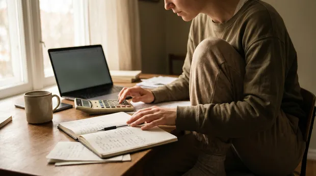 Schreibtisch mit Laptop, Notizbuch und Taschenrechner beim Kalkulieren der Webseiten-Kosten
