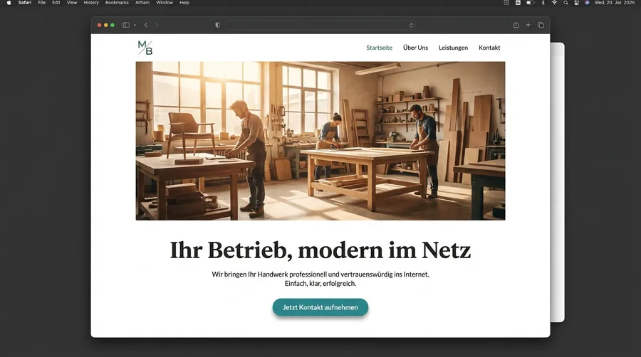 Moderne, aufgeräumte Webseite mit klarer Aussage und Kontakt-Knopf