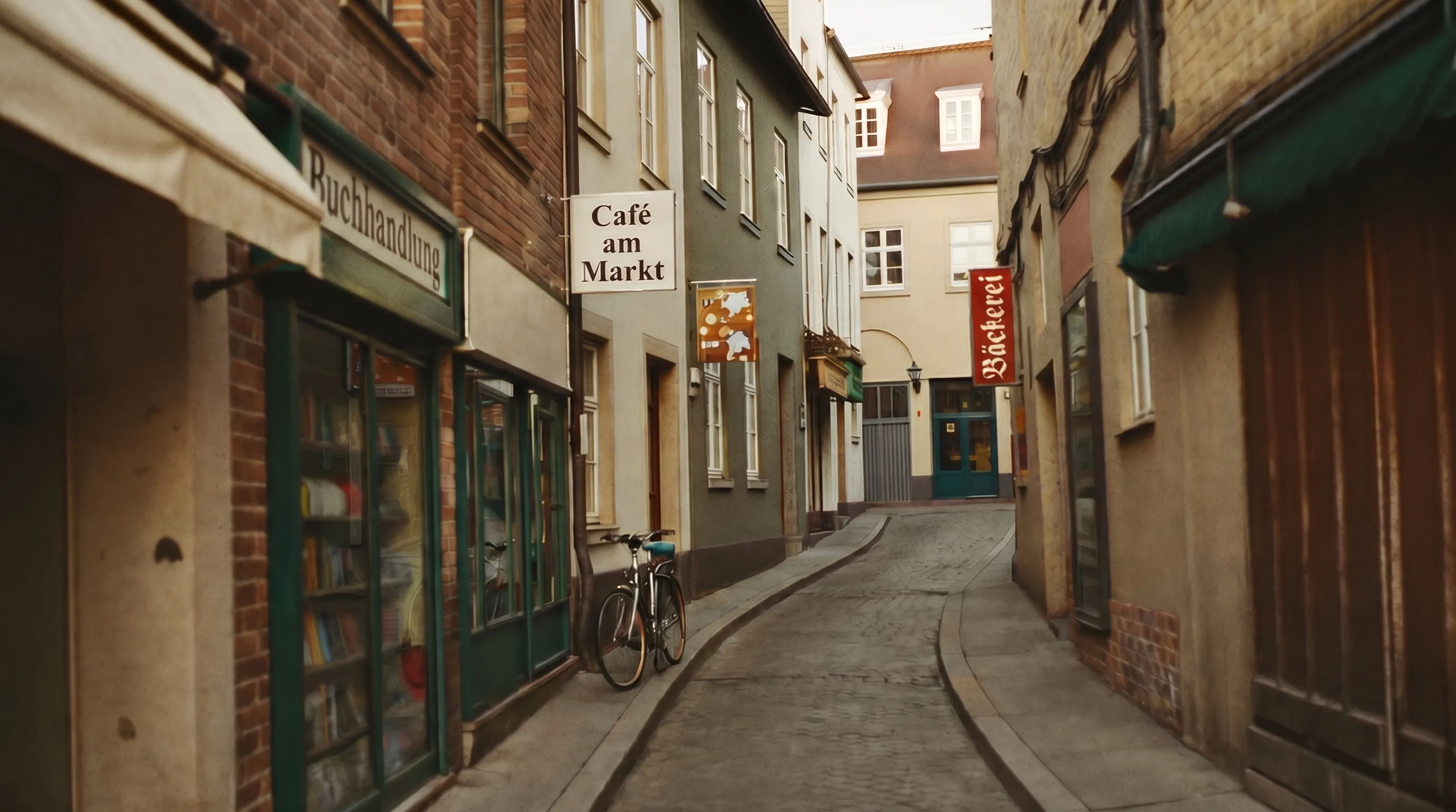 Ruhige Altstadtgasse mit kleinen Ladenfronten im warmen Nachmittagslicht