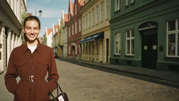 Lächelnde Unternehmerin in einer warmen Altstadtgasse