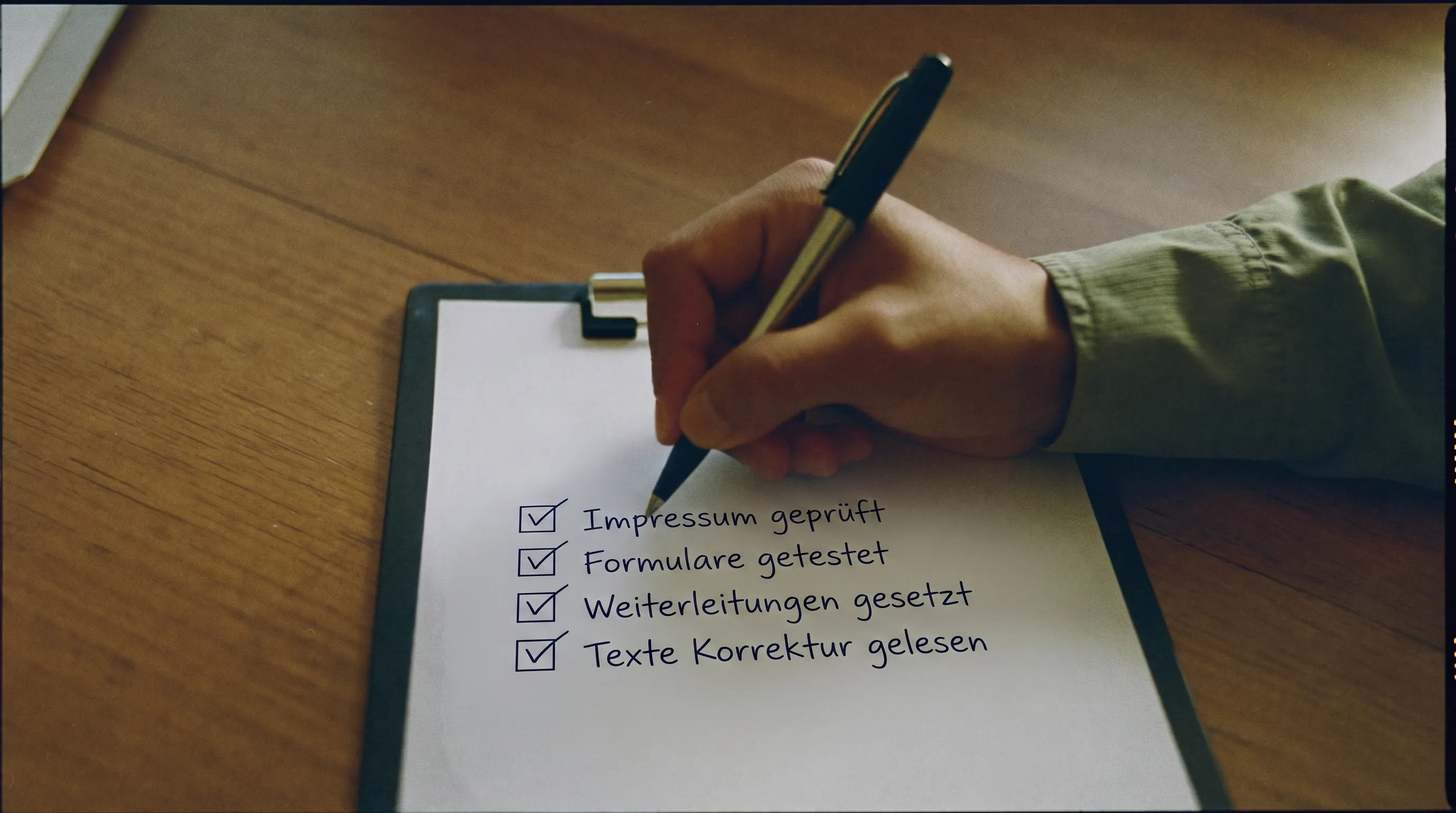 Hand hakt mit einem Stift Punkte auf einer gedruckten Checkliste ab