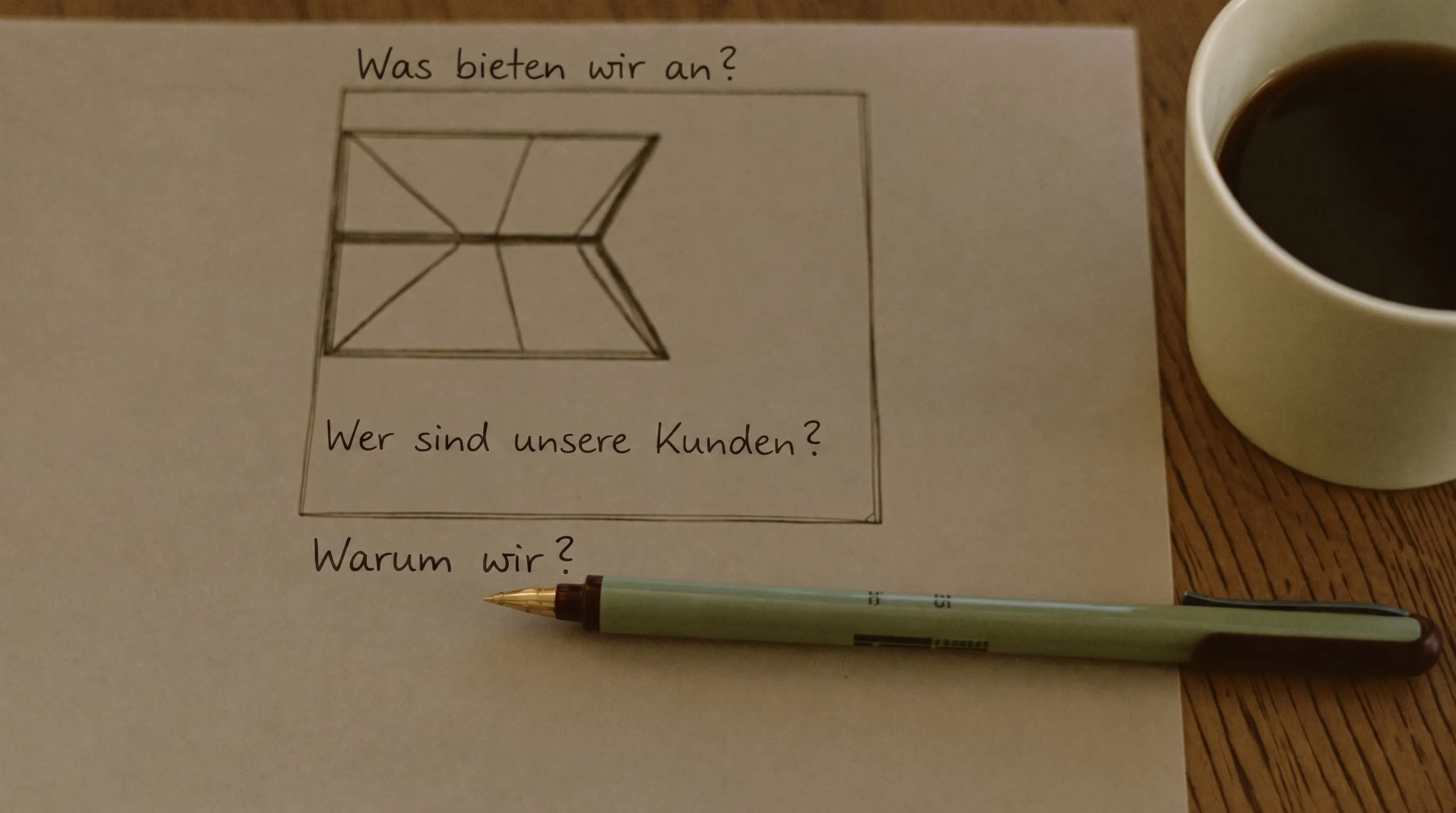 Handschriftliche Notizen und eine kurze Gliederung auf Papier neben einer Tasse