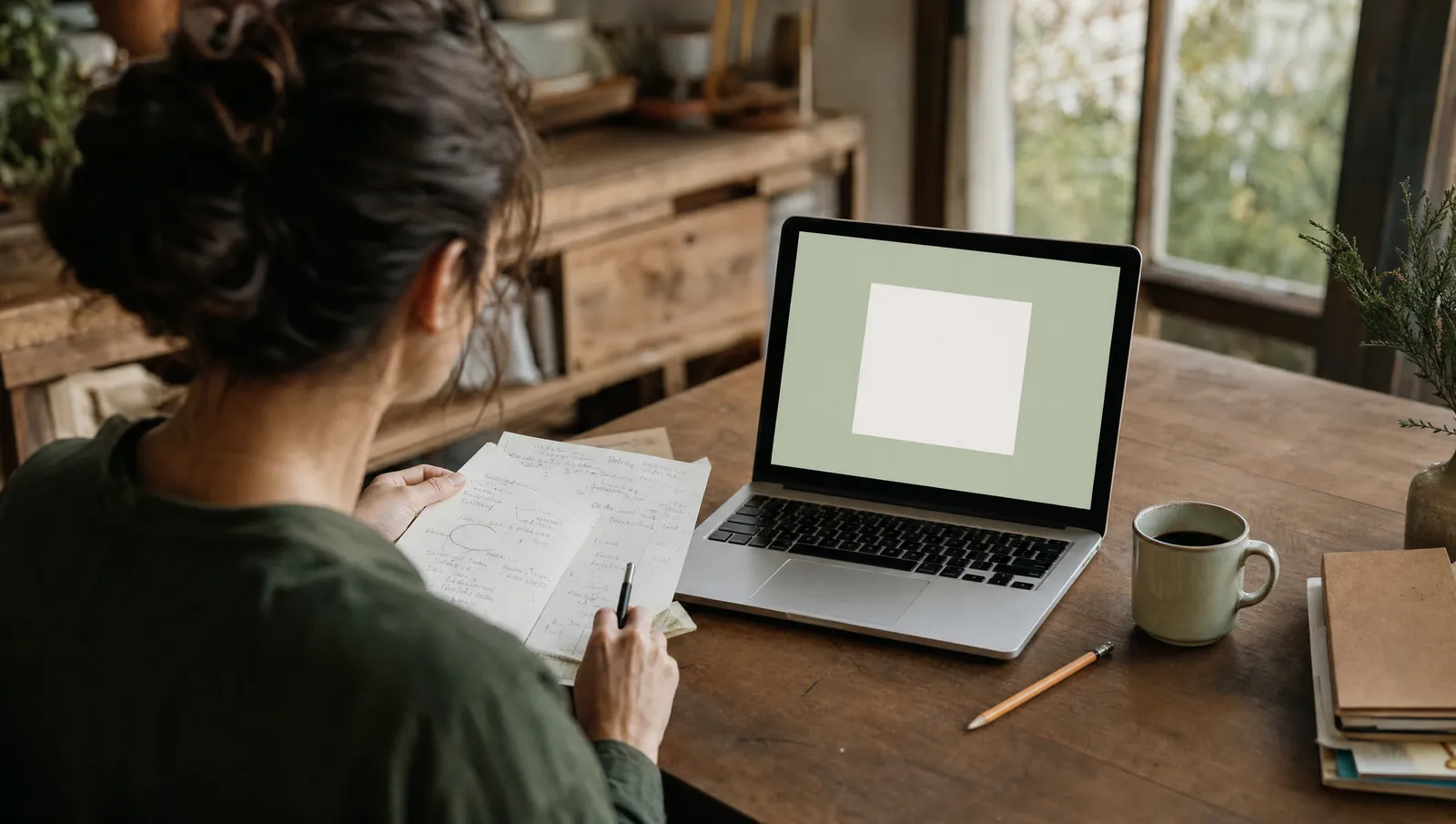 Person sitzt mit Kaffee und Notizen am Schreibtisch und schaut sich eine Website auf dem Laptop an