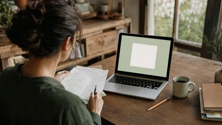 Person sitzt mit Kaffee und Notizen am Schreibtisch und schaut sich eine Website auf dem Laptop an